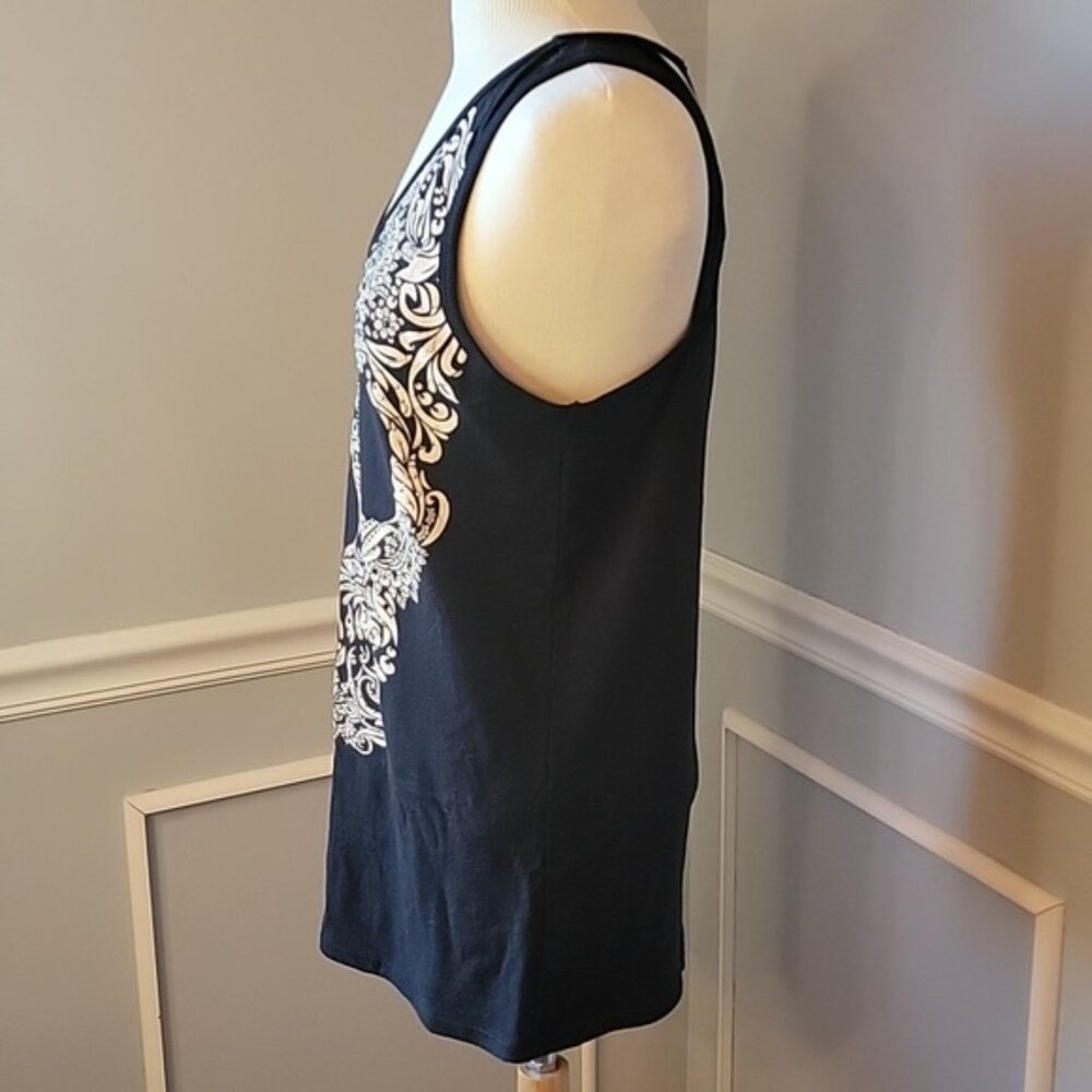 VOCAL Black Ivory Rhinestone Paisley Floral Skull‎ Graphic Biker Punk Tank Top L - Picture 2 of 8